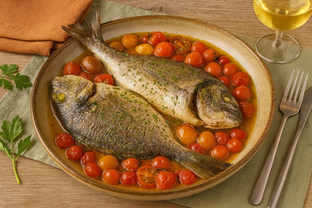 Traditionelle Orata all’acqua pazza mit Cherry-Tomaten in einer braunen Schüssel, angerichtet mit frischer Petersilie und Weißwein.