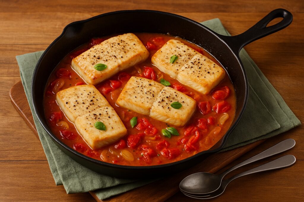 Zarte Fischfilets in einer schwarzen Pfanne mit Tomatensauce, Knoblauch und Basilikumblättern auf einem Holzuntergrund.
