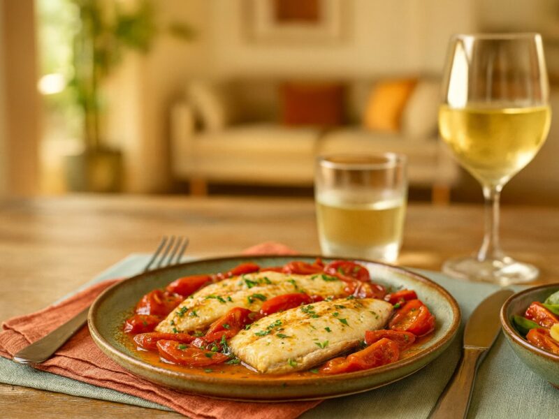 Orata-Filets in leichter Tomatenbrühe serviert, mit Weißwein und mediterranem Ambiente im Hintergrund.