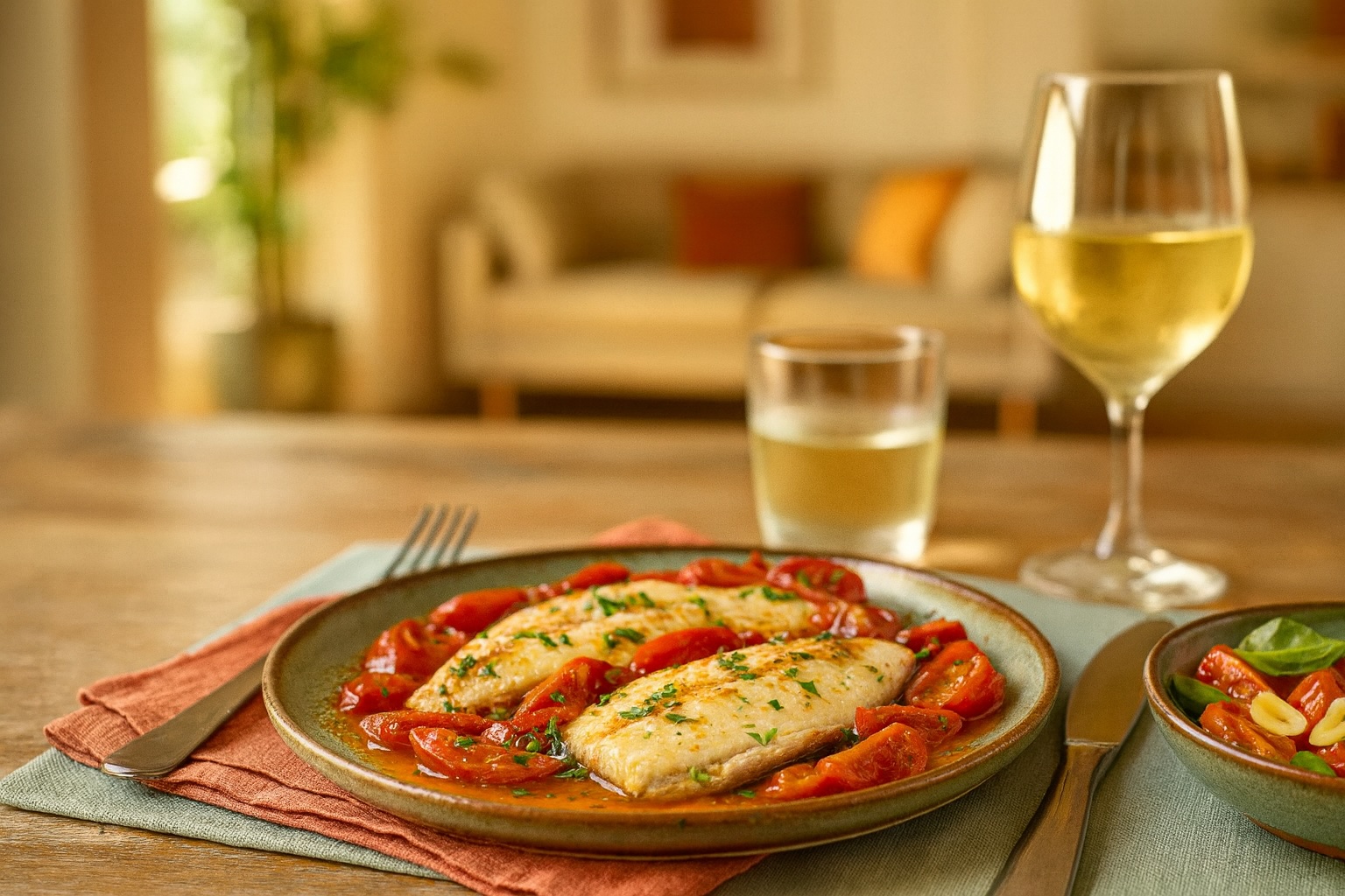 Orata-Filets in leichter Tomatenbrühe serviert, mit Weißwein und mediterranem Ambiente im Hintergrund.