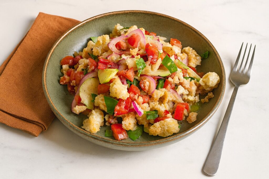 Rustikale toskanische Panzanella mit Tomaten, Gurken, roten Zwiebeln und altbackenem Brot in grünem Teller.
