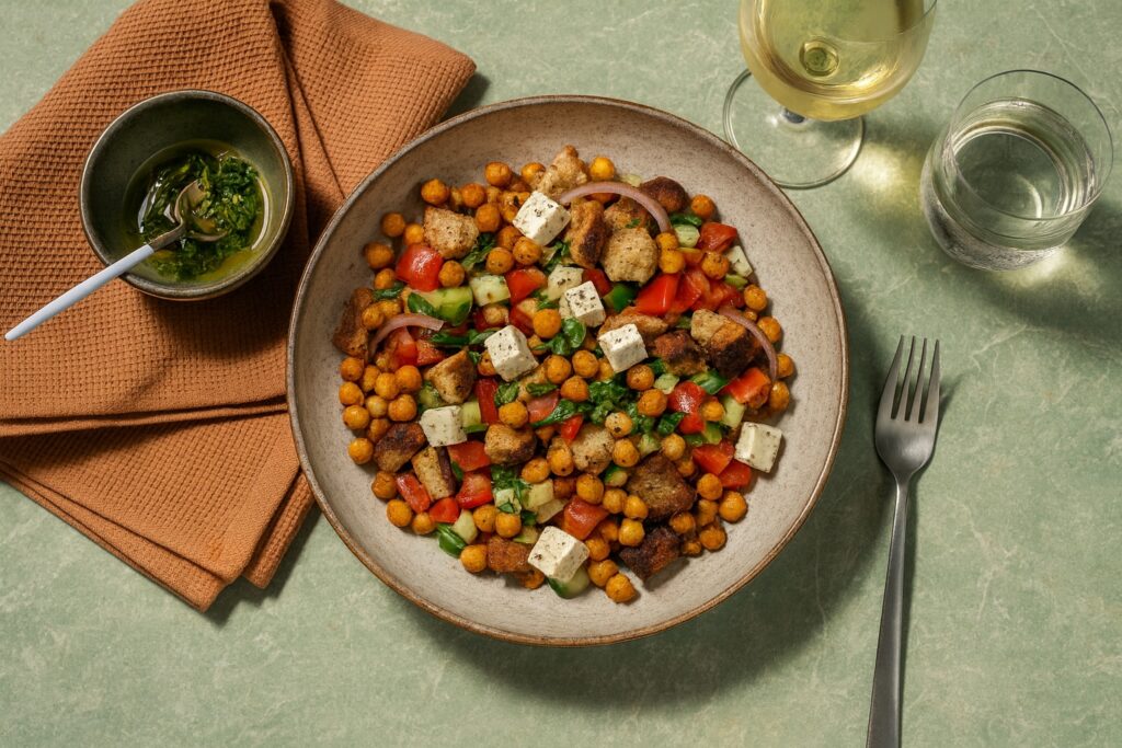 Moderne Variante der Panzanella mit Kichererbsen, Tomaten, Gurken, Fetawürfeln und Kräuterdressing.