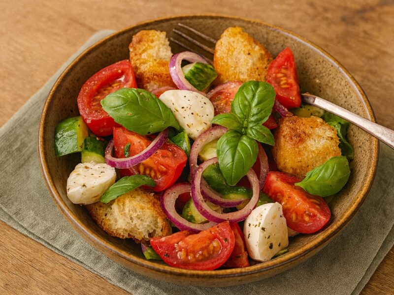 Headerbild mit sommerlicher Panzanella in frischer Komposition – perfekt für leichte Gerichte im Sommer.