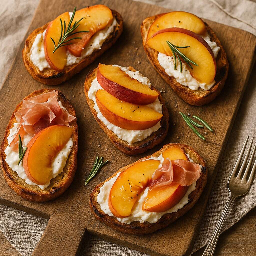 Ein warmes, mediterran inspiriertes Food-Foto: geröstetes Brot mit cremiger Käsegrundlage, belegt mit saftigen Pfirsichscheiben und optionalen Toppings wie Prosciutto oder Rosmarin, locker arrangiert auf einem rustikalen Holzbrett. Sanftes Licht betont die Farben und Texturen – ein Bild mit stilvollem Vintage-Charme, perfekt für Rezepte, Blogs oder Produktpräsentationen.