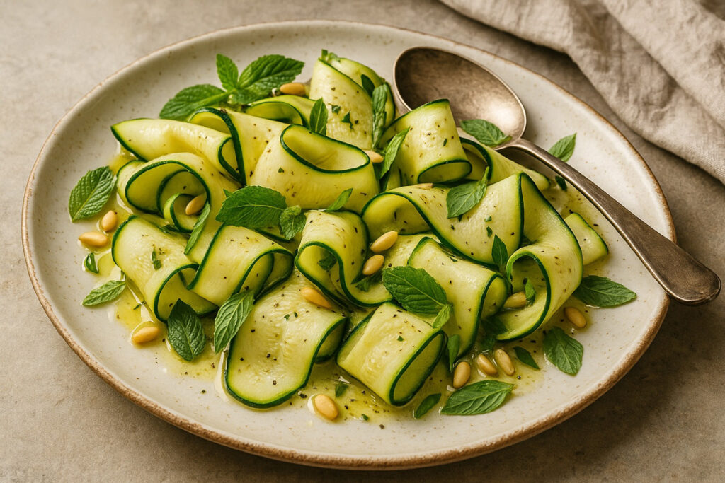 Ein atmosphärisch-stylisches Food-Foto im 3×2‑Format mit rohen, marinierten Zucchini‑Scheiben, serviert auf einem rustikalen Untergrund. Die frischen Kräuter, das Öl und die leichte Zitronennote spiegeln sommerliche Frische, ohne gekochte Elemente – ein stimmungsvolles Bild mit Vintage‑Touch für hochwertige Rezeptseiten oder Inspirationsblogs.