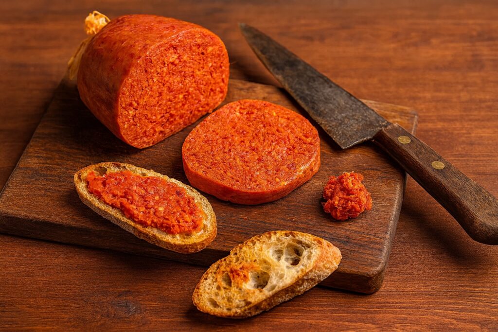 Crostini mit scharfer ’Nduja aus Kalabrien auf einem rustikalen Holzbrett serviert.