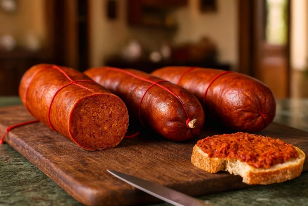 Traditionelle kalabrische ’Nduja in Naturdarm – pikante Wurst mit Kultstatus.