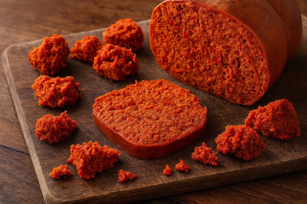 Scharfe streichfähige ’Nduja mit Chili, angerichtet auf einem Schneidebrett.