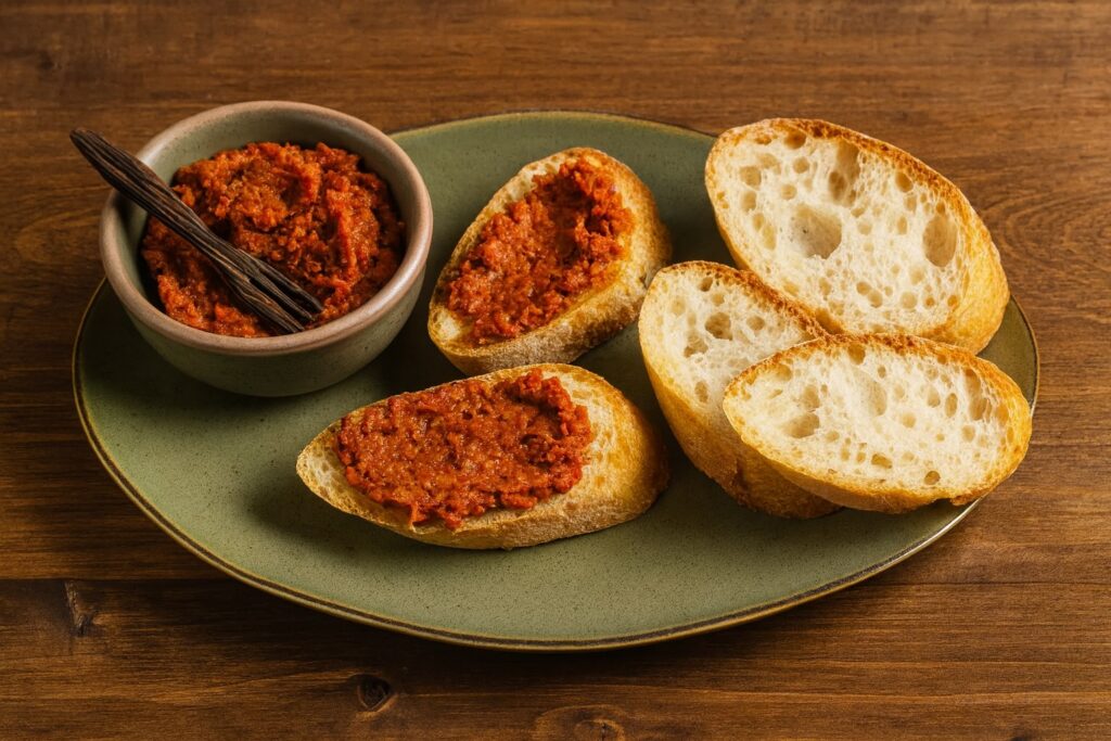 Frische Baguette-Scheiben mit würziger ’Nduja-Creme – perfekt als Antipasto.