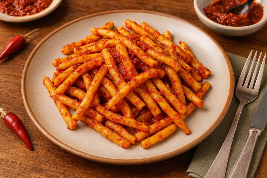 Salsiccia-Nduja mit rotem Chili auf einer rustikalen Pasta angerichtet.