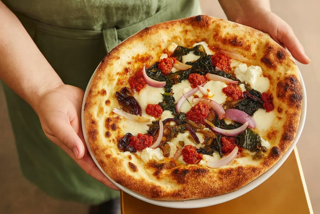 Pizza mit Ricotta, roten Zwiebeln und scharfer ’Nduja – kalabrischer Genuss.