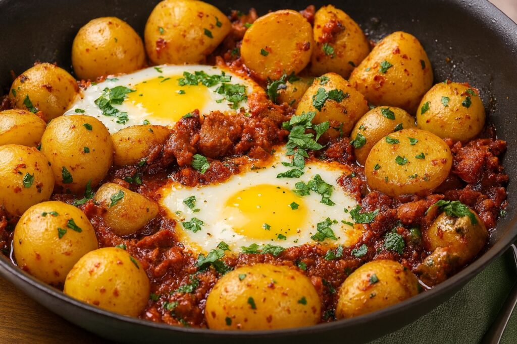 Kartoffelpfanne mit Eiern und ’Nduja – deftig, würzig, typisch Süditalien.