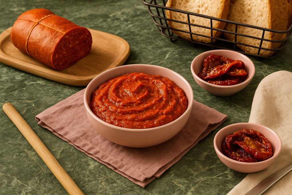 Cremige ‘Nduja in einer rosa Schüssel angerichtet, daneben luftgetrocknete Tomaten, frisches Brot im Korb und ein ganzes Stück der kalabrischen Streichwurst auf Holzbrett – mediterrane Delikatesse auf grünem Marmortisch.