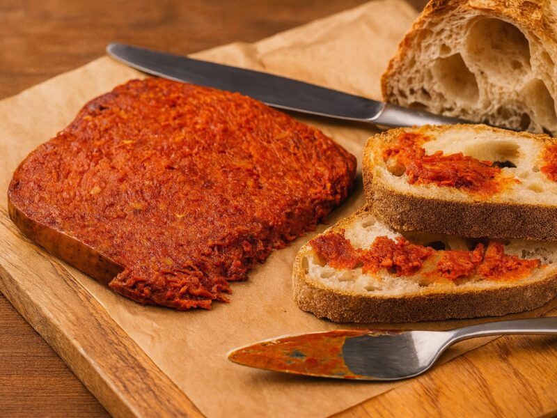 Großes Stück ‘Nduja aufgeschnitten auf Holzbrett, daneben rustikale Brotscheiben mit der scharfen Wurst bestrichen – perfekt zum Aperitivo oder als Antipasto.