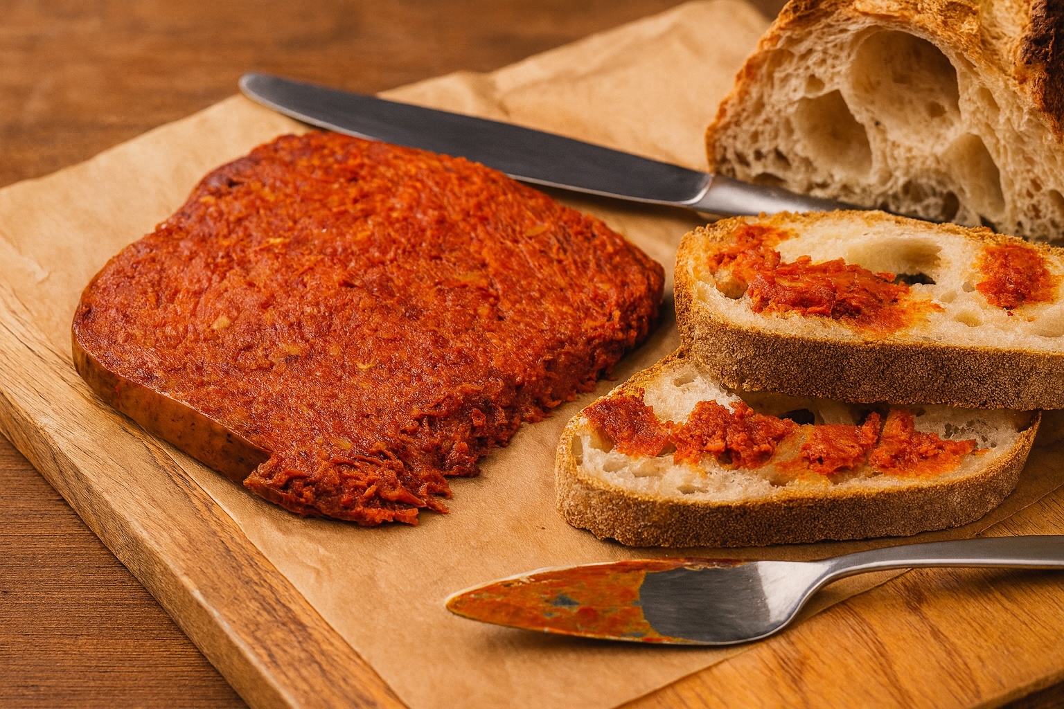 Großes Stück ‘Nduja aufgeschnitten auf Holzbrett, daneben rustikale Brotscheiben mit der scharfen Wurst bestrichen – perfekt zum Aperitivo oder als Antipasto.