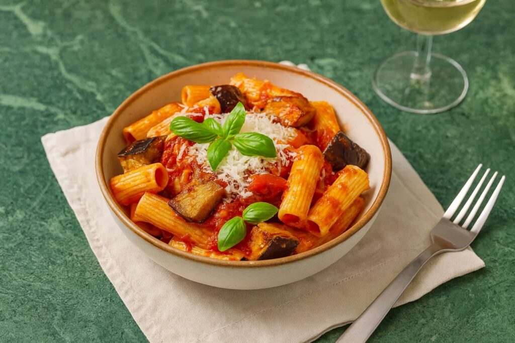 Rigatoni alla Norma mit gebratenen Auberginen, Tomatensauce, frischem Basilikum und geriebenem Ricotta salata – ein Klassiker aus Sizilien.