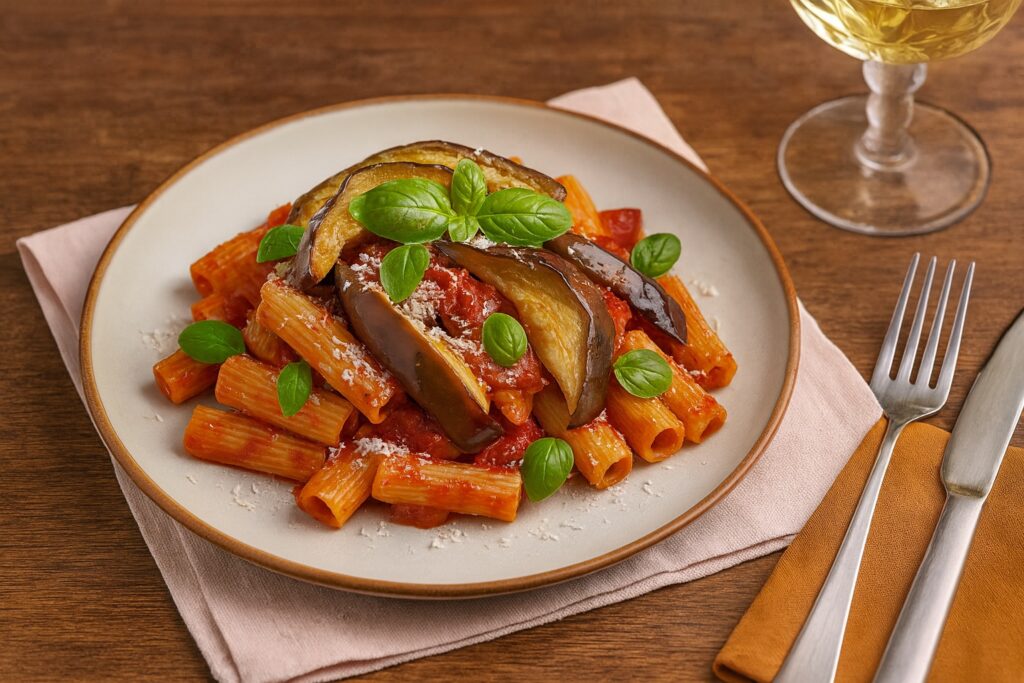 Pasta alla Norma auf einem eleganten Teller angerichtet, mit langen gebratenen Auberginenscheiben, Tomatensauce und Basilikumblättern.