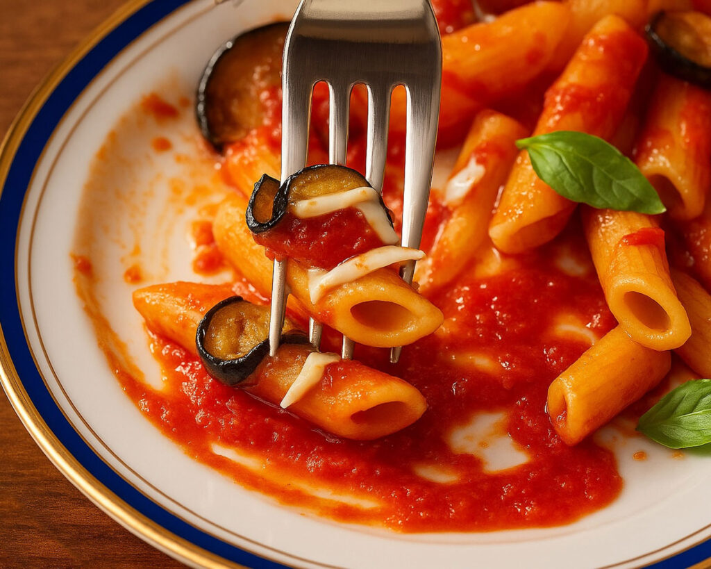 Makroaufnahme eines Gabelbissens Pasta alla Norma – mit Tomatensauce, geschmolzenem Käse und Auberginenscheibe auf weißem Teller.