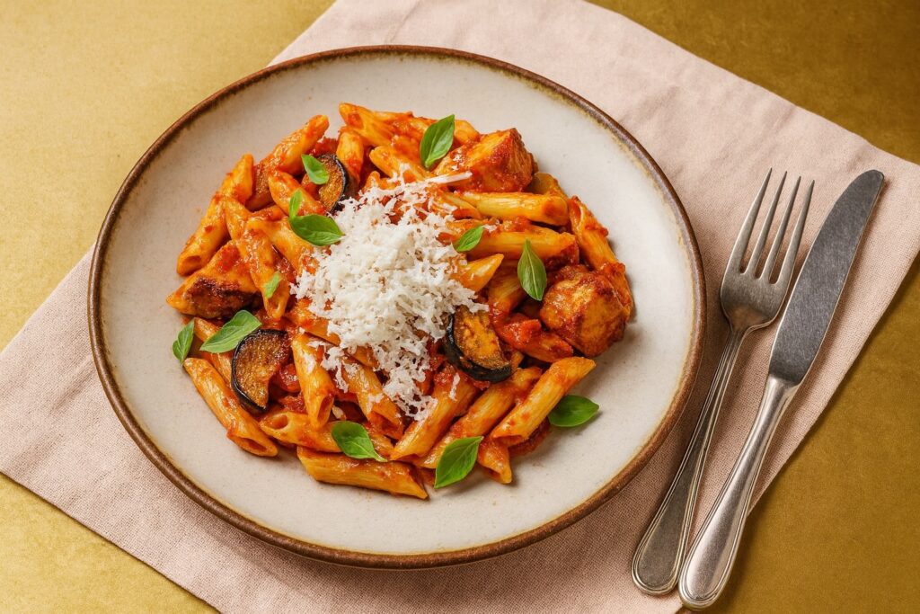 Penne alla Norma mit Würfeln von goldbraun gebratener Aubergine, Tomatensugo, Ricotta salata und frischem Basilikum – italienische Hausmannskost.