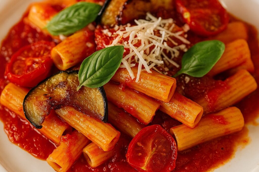 Nahaufnahme von Rigatoni alla Norma mit gegrillter Aubergine, geriebenem Käse, Cherrytomaten und Basilikum auf weißem Teller.