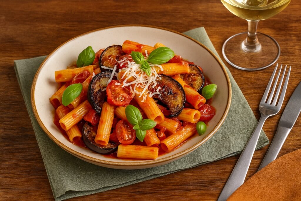 Teller mit Pasta alla Norma, angerichtet auf einem grünen Serviettentuch – mit saftigen Tomaten, gebratener Aubergine und Basilikum.