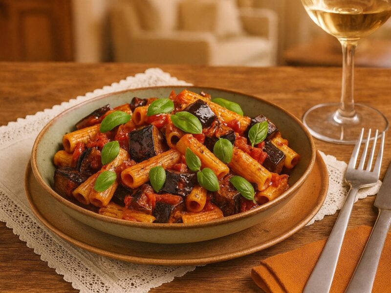 Rustikale Szene mit Pasta alla Norma in einer Keramikschüssel – große Auberginenstücke, Tomatensauce und frisches Basilikum im warmen Licht.