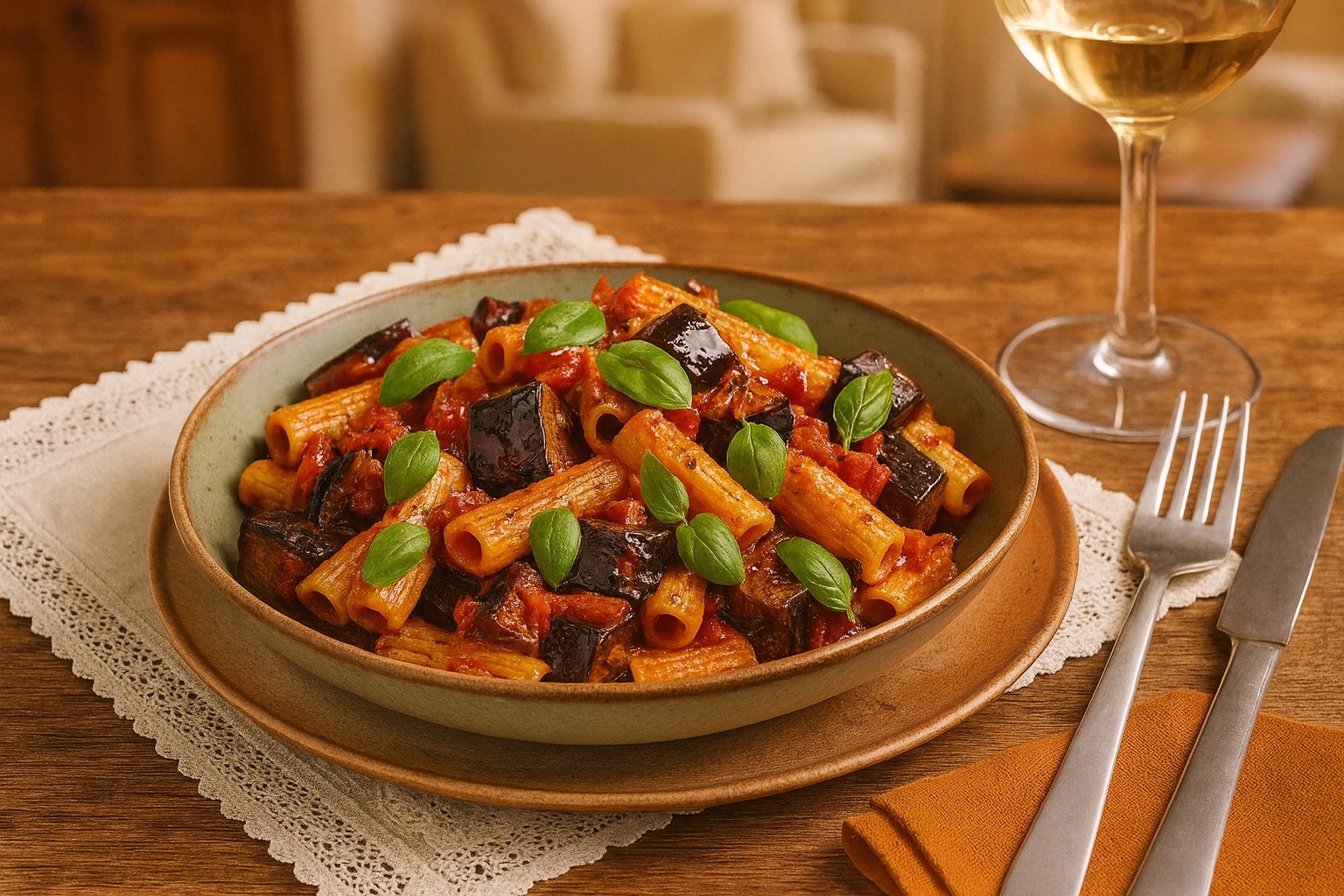 Rustikale Szene mit Pasta alla Norma in einer Keramikschüssel – große Auberginenstücke, Tomatensauce und frisches Basilikum im warmen Licht.
