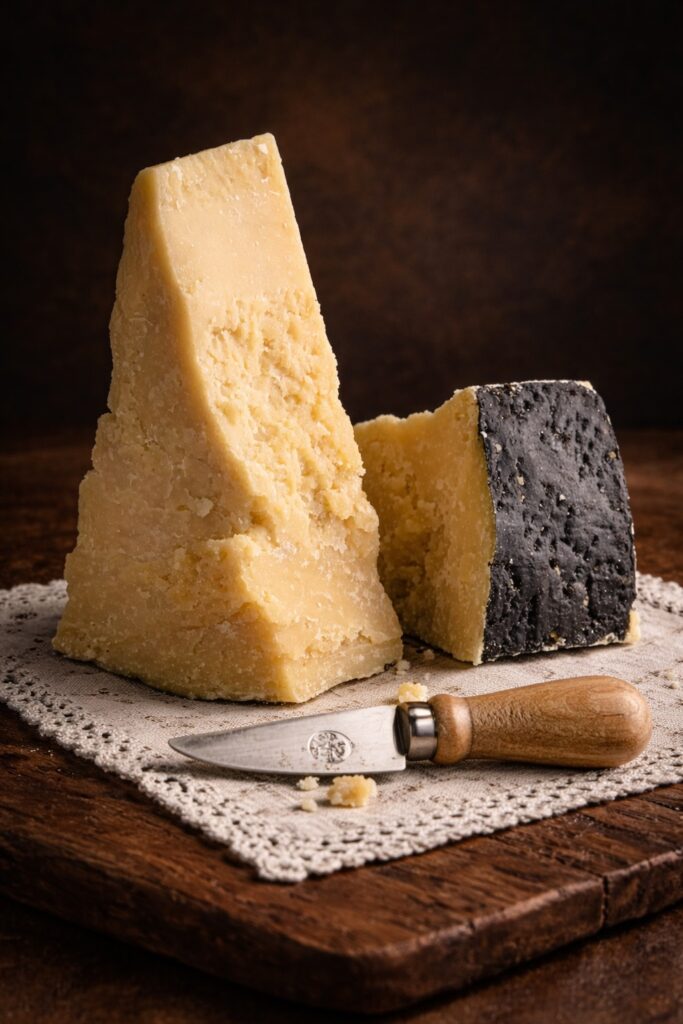 Zwei große Stücke Pecorino Romano mit schwarzer Rinde auf Leinentuch mit Käsemesser – italienischer Hartkäse aus Schafsmilch, gereift und kräftig im Geschmack.