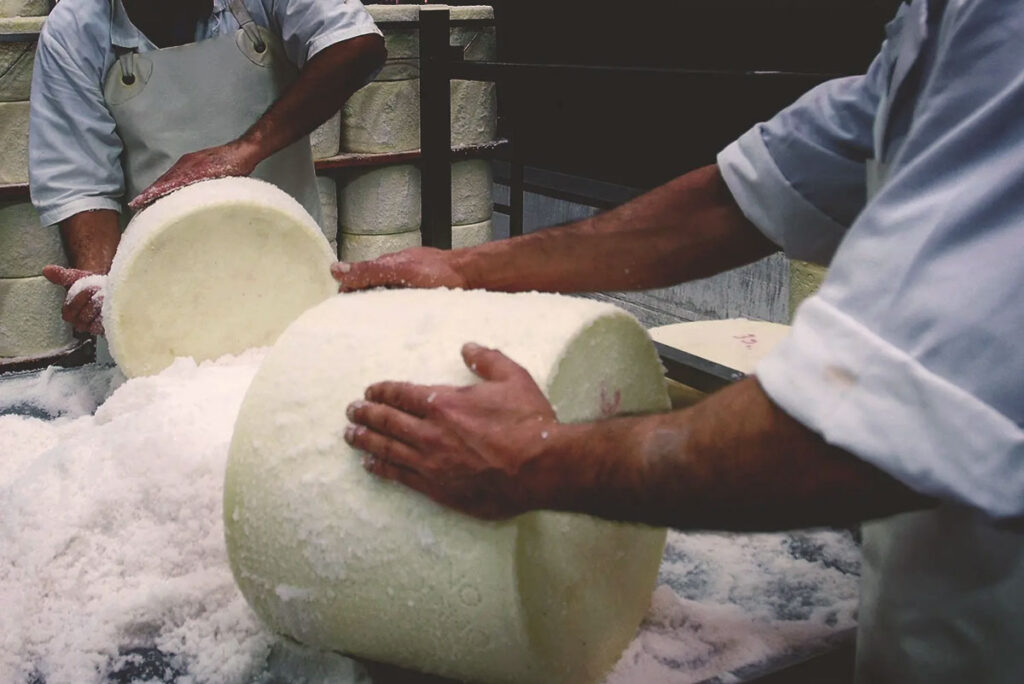 Handwerker reiben Salz in große Laibe Pecorino Romano – traditioneller Herstellungsprozess in einer Käserei in Latium oder Sardinien, mit Leidenschaft und Handarbeit.