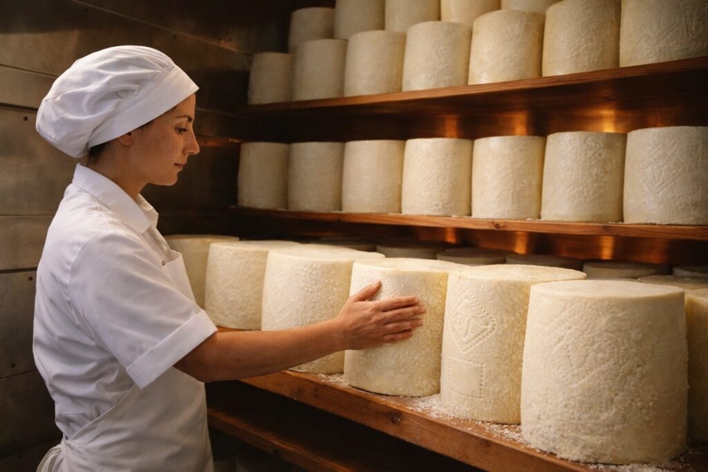 Pecorino Romano – Der salzige Käseschatz aus der Antike Pecorino Romano während der Reifung – Käserin überprüft sorgfältig die gereiften Käselaibe auf Holzregalen in der Käserei.