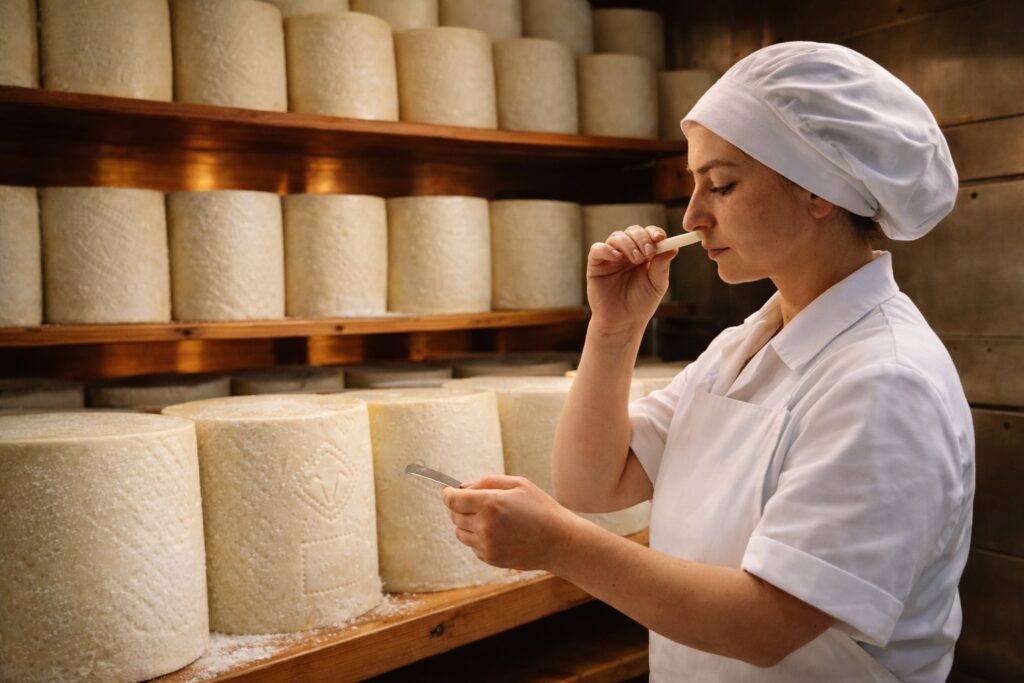 Sensorische Qualitätskontrolle von Pecorino Romano – Käserin prüft Duft und Reifegrad eines Käseprobenstücks direkt in der Käserei.