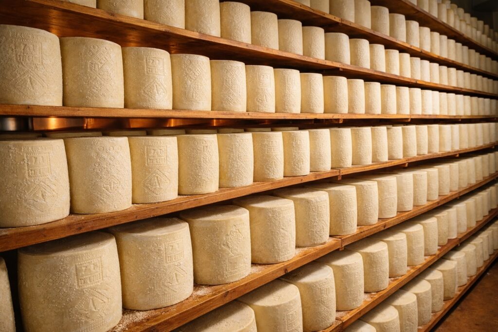 Pecorino Romano DOP in der Reifekammer – unzählige Käseleibe mit typischer Prägung reifen langsam auf Holzregalen.