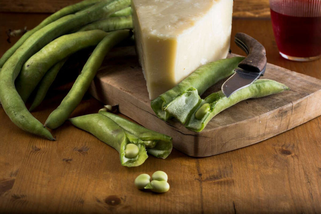 Klassisches Foodpairing: Frische Ackerbohnen (Fave) mit gereiftem Pecorino Romano auf einem Holzbrett – römische Frühlingsdelikatesse mit bäuerlichen Wurzeln.