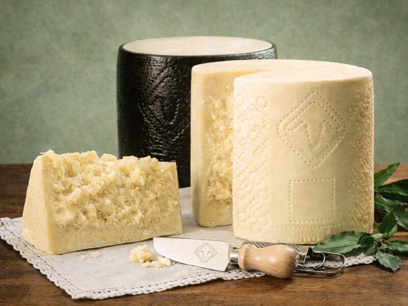 Drei Laibe Pecorino Romano, einer mit schwarzer Rinde – traditionelle Präsentation auf Leinentuch mit Käsemesser, gereifter Schafskäse aus Italien.