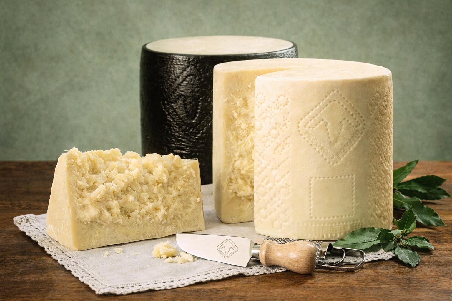 Drei Laibe Pecorino Romano, einer mit schwarzer Rinde – traditionelle Präsentation auf Leinentuch mit Käsemesser, gereifter Schafskäse aus Italien.