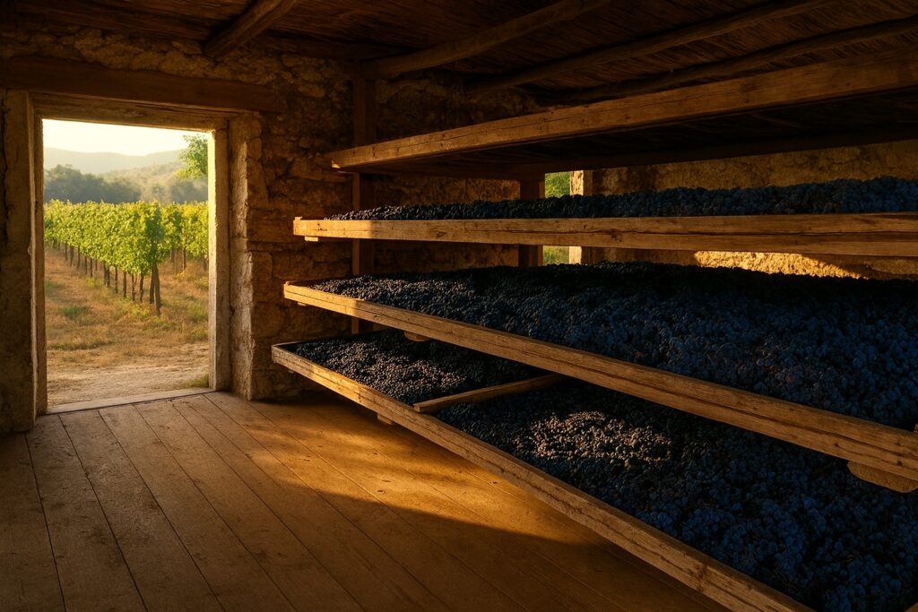 Trauben auf Holzgestellen im Trockenraum – Appassimento-Methode für Amarone della Valpolicella.