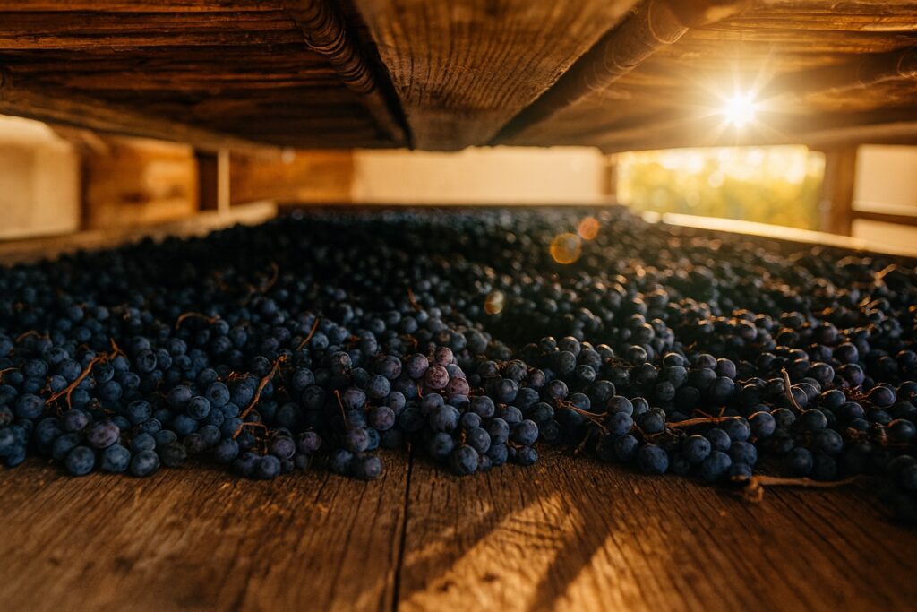 Getrocknete Trauben unter goldenem Licht – perfekter Moment im Amarone-Reifungsprozess.