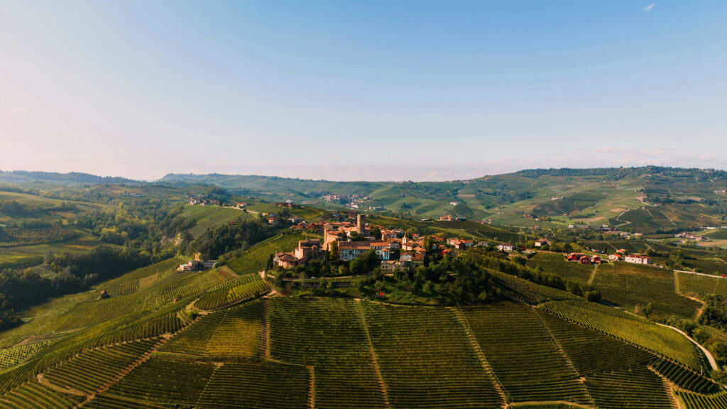 Weinberge im Piemont mit dem historischen Dorf Barolo, eingebettet in sanfte Hügel – die Heimat des legendären Barolo-Weins.