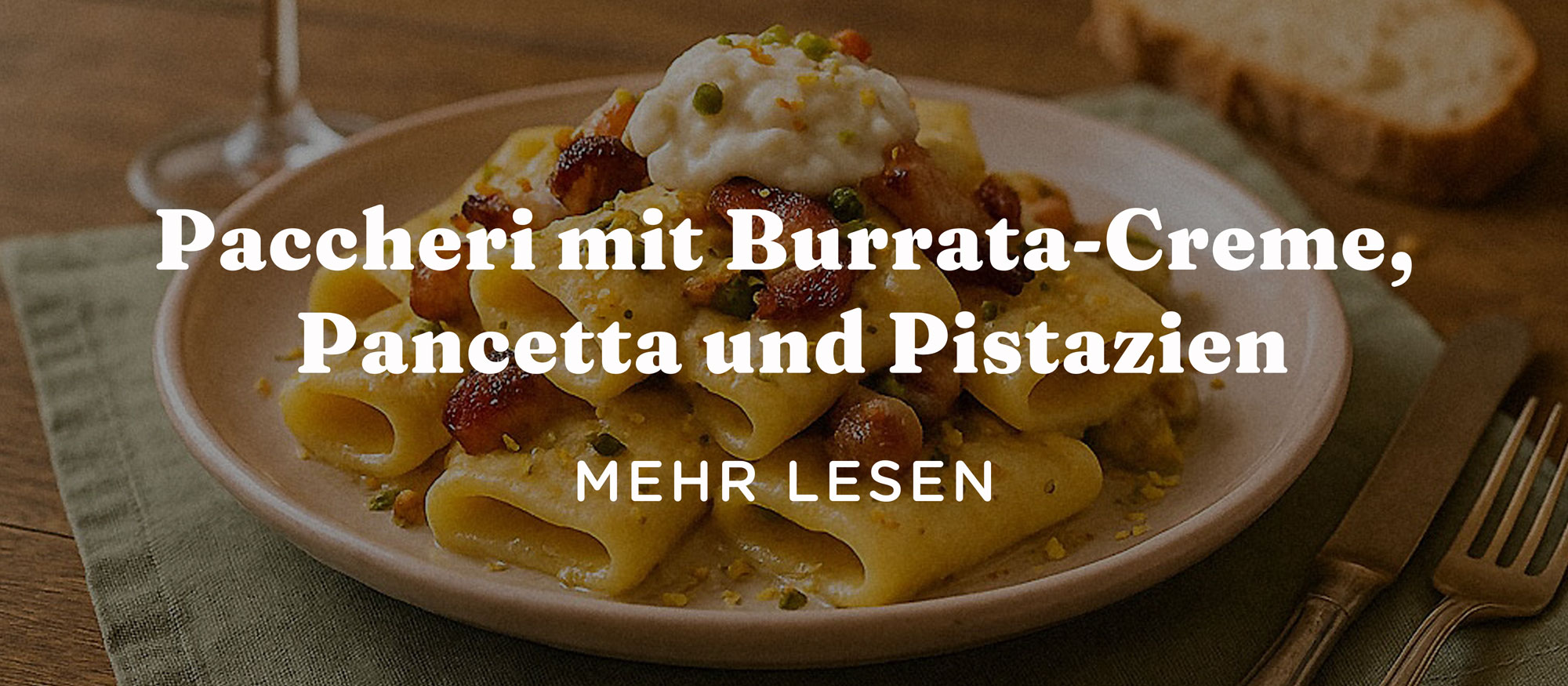 Kochrezept Paccheri Burrata Pancetta PistazienPaccheri mit Burrata-Creme, Pancetta und Pistazien. Ein Genuss aus der italienischen Küche.