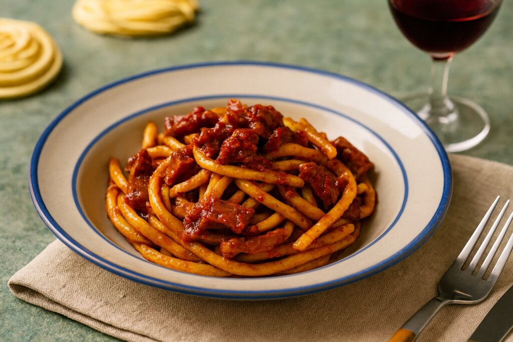 Bucatini all’Amatriciana mit würziger Tomatensauce und knusprigem Guanciale, angerichtet in einem tiefen Keramikteller.