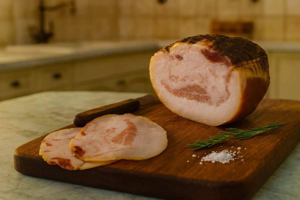 Frisch geschnittener Guanciale auf einem Holzbrett mit Rosmarin und Meersalz – die originale Zutat der Amatriciana-Sauce.
