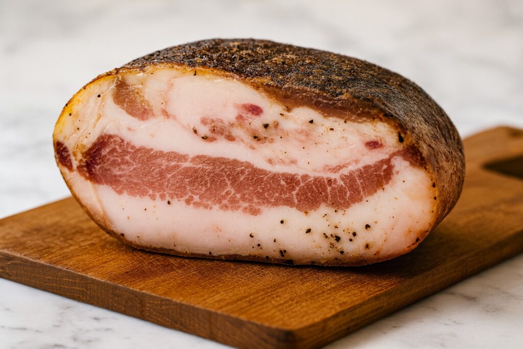 Hochwertiger Guanciale im Anschnitt, mit sichtbarer Fett-Marmorierung und Pfefferkruste – Basis für authentische Amatriciana.
