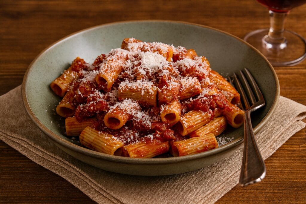 Rigatoni all’Amatriciana mit reichhaltiger Sauce und viel geriebenem Pecorino – eine beliebte Alternative zu Bucatini.