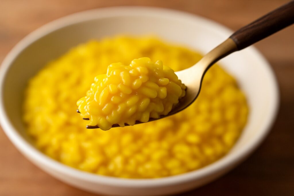 Nahaufnahme von Risotto alla Milanese: eine Gabel hebt cremigen, goldgelben Safranrisotto aus einem weißen Teller auf Holztisch.