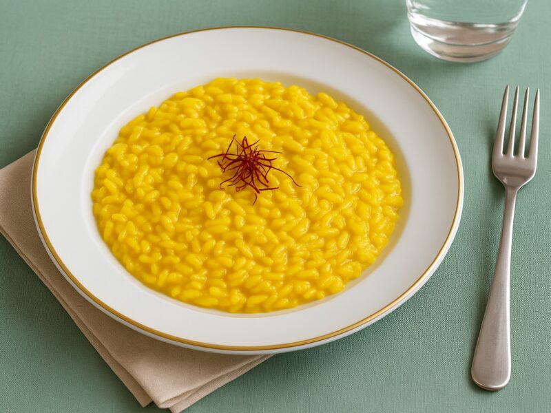 Risotto alla Milanese serviert auf weißem Teller mit goldener Umrandung, goldgelber Safranrisotto mit Safranfäden auf grüner Salbei-Tischdecke, elegantes Gedeck.