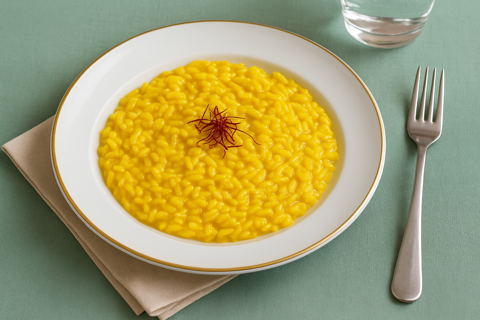 Risotto alla Milanese serviert auf weißem Teller mit goldener Umrandung, goldgelber Safranrisotto mit Safranfäden auf grüner Salbei-Tischdecke, elegantes Gedeck.