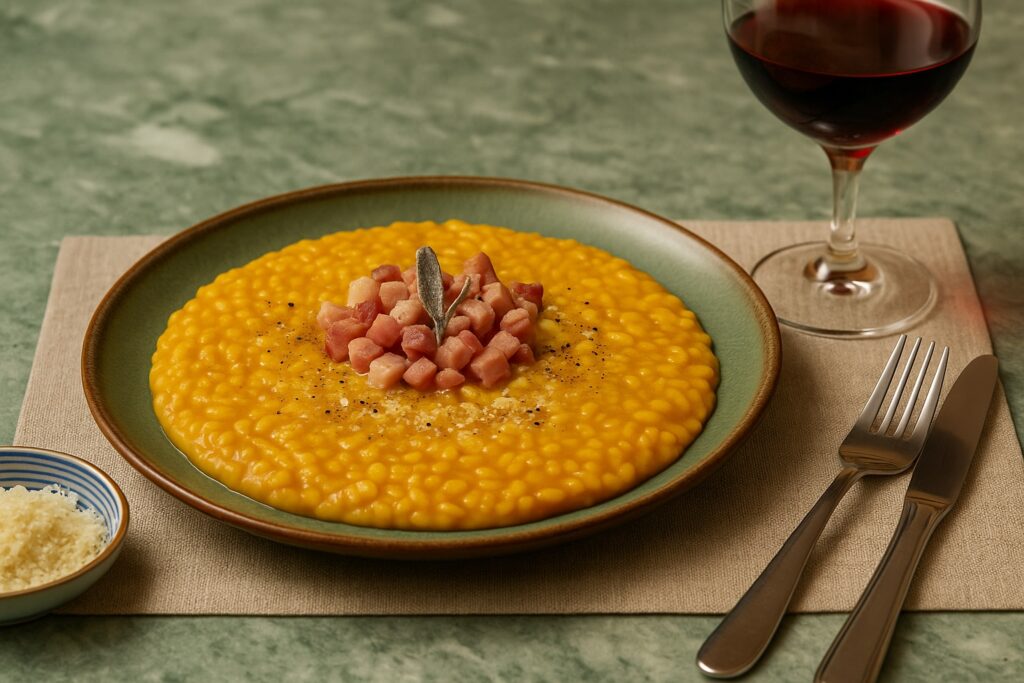 Cremiges Kürbisrisotto mit Speckwürfeln und Salbeiblatt, serviert auf grünem Keramikteller mit Rotwein