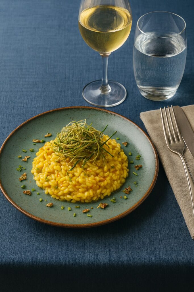 Risotto alla zucca mit frittiertem Lauch, angerichtet auf grünem Teller mit Weißwein im Hintergrund