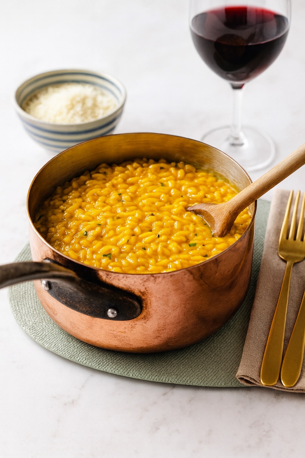 Kürbisrisotto in Kupfertopf mit Holzlöffel – herbstliches Gericht aus Italien, bereit zum Servieren