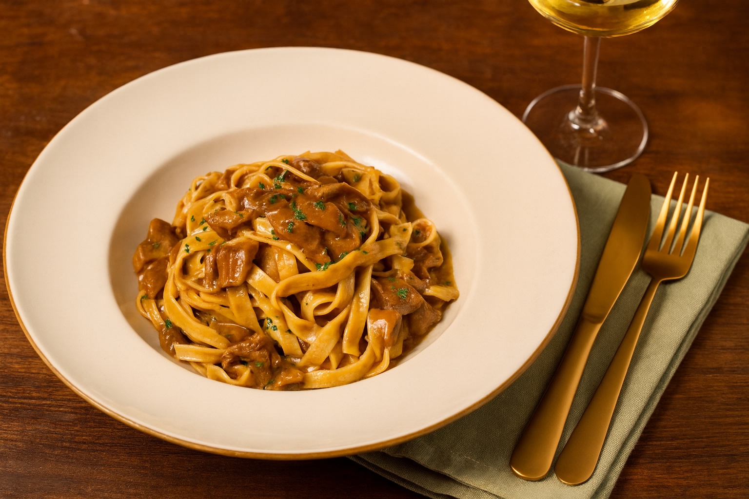 Ein herbstlicher Teller Tagliatelle mit Steinpilzsoße, serviert mit einem Glas Weißwein und goldfarbenem Besteck – Genussmoment pur.